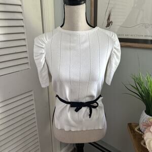 Current Ait Top XS White Belted Puff Sleeve Knit Dainty Parisian Soft Girl